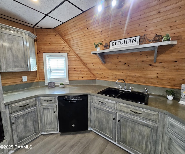 kitchen with wooden walls, black dishwasher, sink, and hardwood / wood-style floors