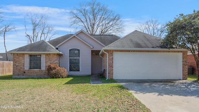 ranch-style house with a garage and a front yard