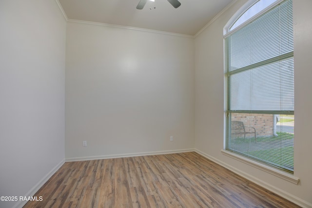 spare room with hardwood / wood-style floors, crown molding, a wealth of natural light, and ceiling fan