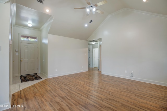 interior space featuring ornamental molding, high vaulted ceiling, ceiling fan, and light hardwood / wood-style flooring