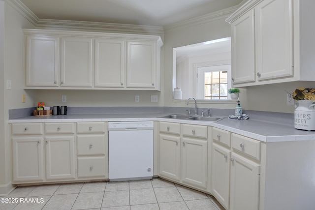 kitchen with sink, light tile patterned floors, ornamental molding, white dishwasher, and white cabinets