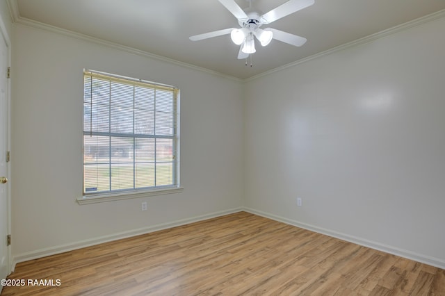 unfurnished room with crown molding, ceiling fan, and light wood-type flooring