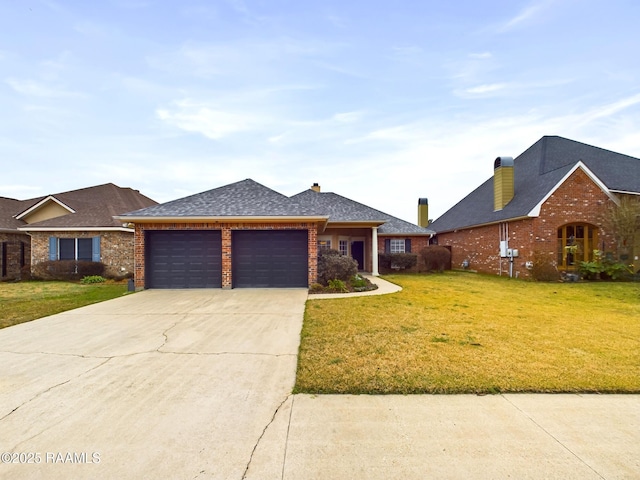 view of front of house with a garage and a front lawn