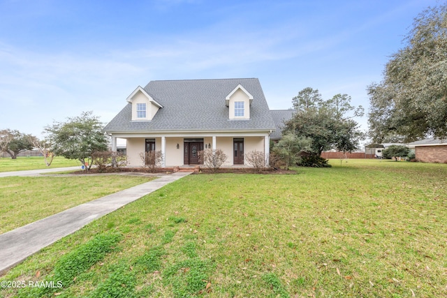 cape cod home with a porch and a front lawn