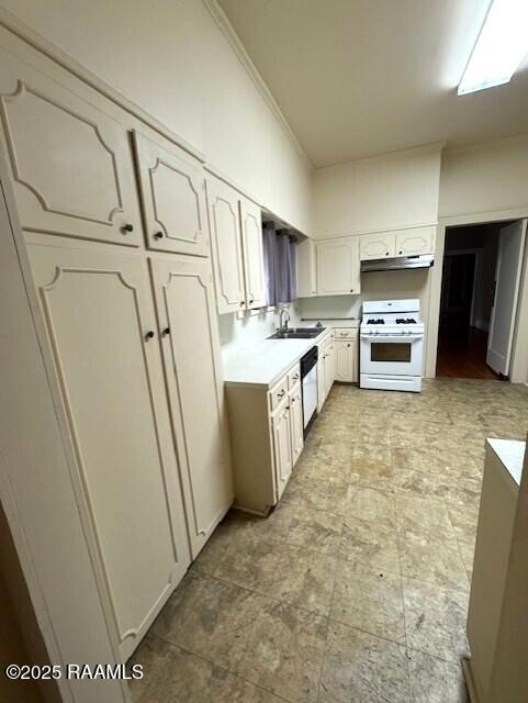 kitchen with ornamental molding, sink, stainless steel dishwasher, and gas range gas stove