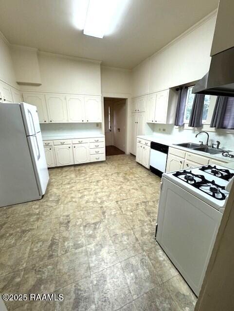 kitchen featuring island range hood, white cabinetry, sink, ornamental molding, and white appliances