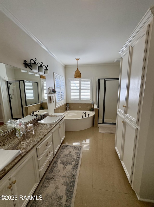 bathroom featuring vanity, tile patterned floors, crown molding, and plus walk in shower