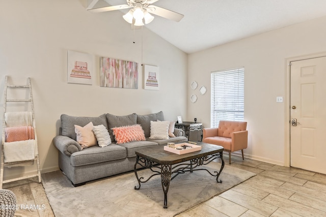 living room with lofted ceiling and ceiling fan