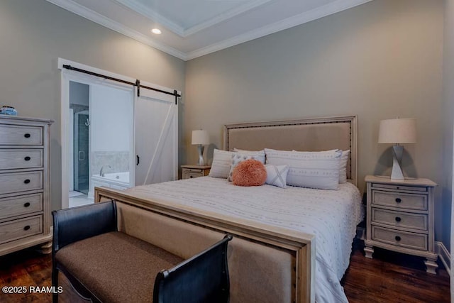 bedroom featuring recessed lighting, dark wood-type flooring, a barn door, and ornamental molding