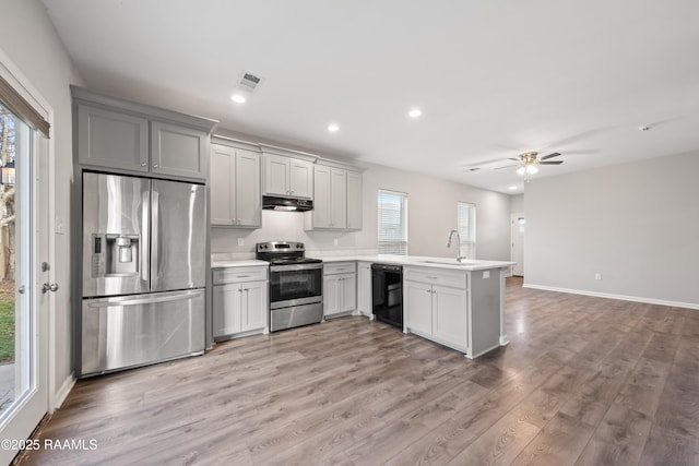 kitchen with light wood-type flooring, kitchen peninsula, stainless steel appliances, sink, and gray cabinets