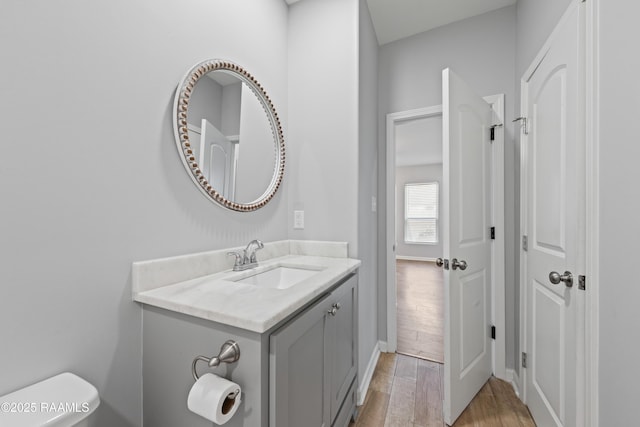 bathroom featuring toilet, hardwood / wood-style flooring, and vanity