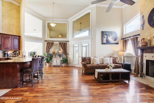 living room featuring a towering ceiling, dark hardwood / wood-style floors, a fireplace, crown molding, and french doors