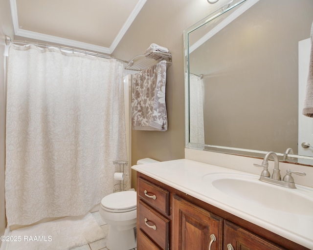 bathroom featuring crown molding, vanity, toilet, and tile patterned flooring