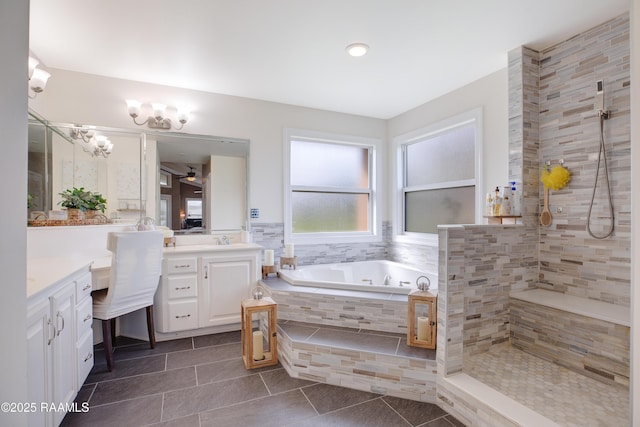 bathroom with vanity, separate shower and tub, and tile patterned flooring