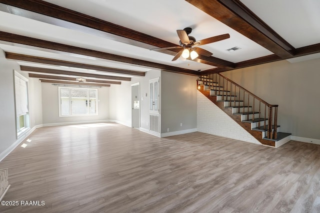 unfurnished living room with beam ceiling, ceiling fan, and light wood-type flooring