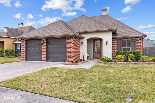 single story home with a garage and a front lawn