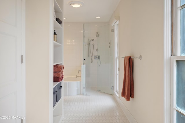 full bathroom with tile patterned floors, vanity, a shower stall, a bath, and recessed lighting