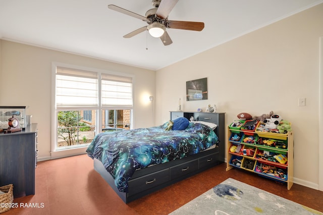 bedroom featuring crown molding, baseboards, and ceiling fan