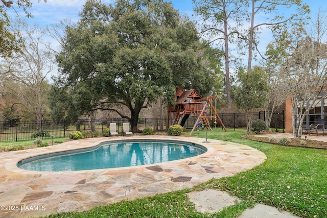 view of pool with a lawn, a fenced in pool, fence, and a playground