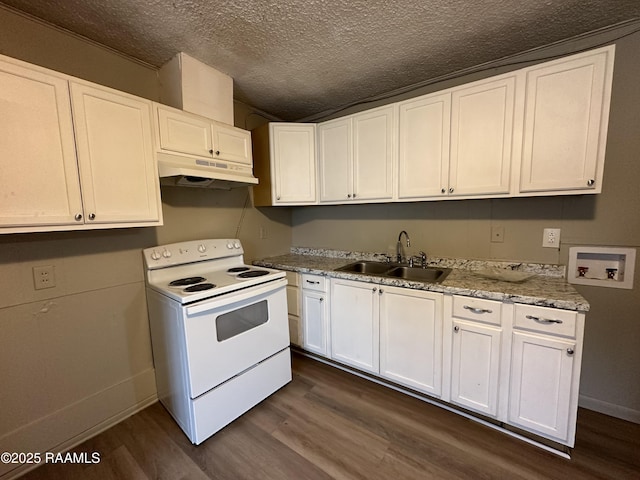 kitchen featuring sink, dark wood-type flooring, white range with electric stovetop, a textured ceiling, and white cabinets