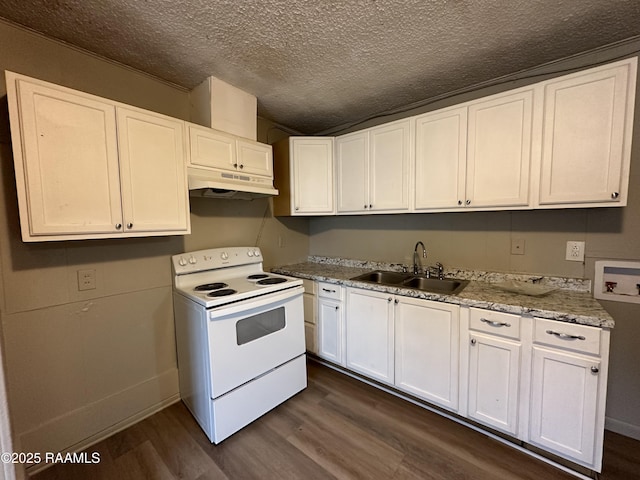 kitchen with dark wood-type flooring, sink, white cabinetry, light stone counters, and white electric stove