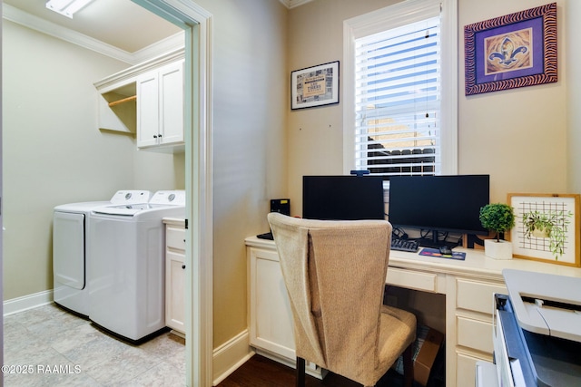 home office with baseboards, separate washer and dryer, and crown molding