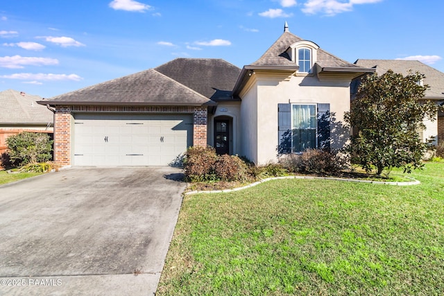 view of front facade featuring a garage, driveway, a front lawn, and stucco siding