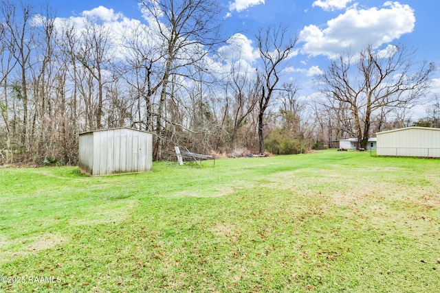 view of yard featuring a storage shed