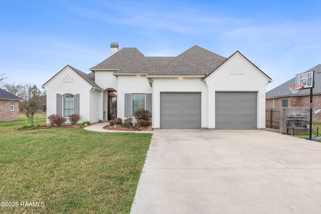 french country style house with a garage and a front lawn