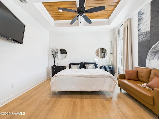 bedroom with baseboards, a raised ceiling, wood ceiling, and light wood finished floors