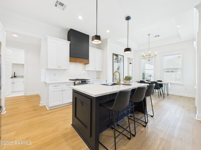 kitchen with visible vents, a tray ceiling, custom range hood, white cabinetry, and a sink