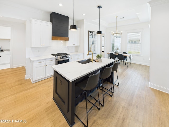 kitchen with ornamental molding, gas stove, a raised ceiling, and a sink