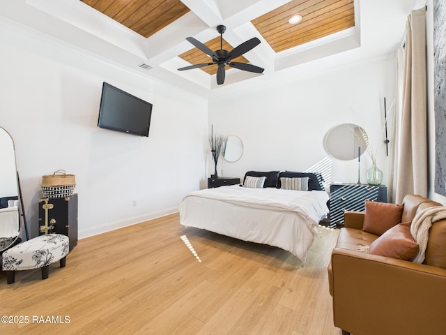 bedroom featuring visible vents, baseboards, light wood-style floors, and coffered ceiling