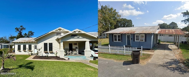 view of front of house with covered porch and a front lawn