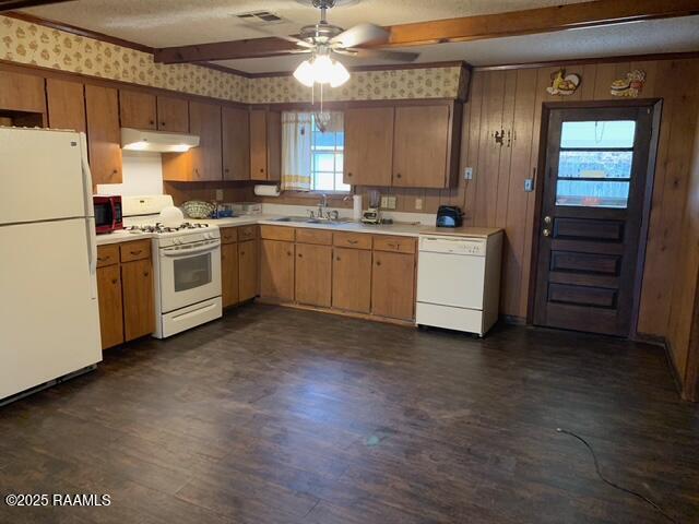 kitchen featuring white appliances, a textured ceiling, sink, and dark hardwood / wood-style floors