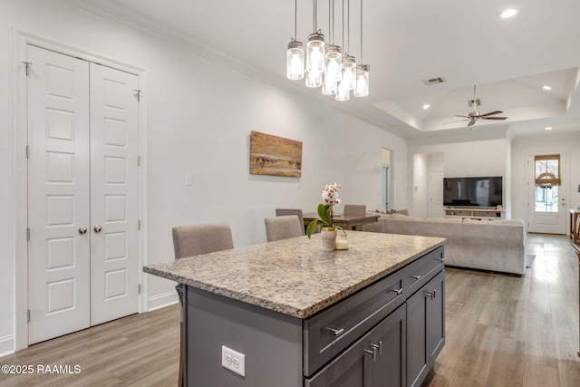 kitchen with light stone counters, a center island, pendant lighting, a raised ceiling, and open floor plan