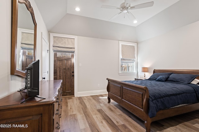 bedroom with recessed lighting, a ceiling fan, baseboards, vaulted ceiling, and light wood-style floors