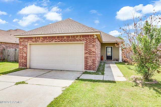 view of front of home with a garage, a shingled roof, concrete driveway, fence, and brick siding