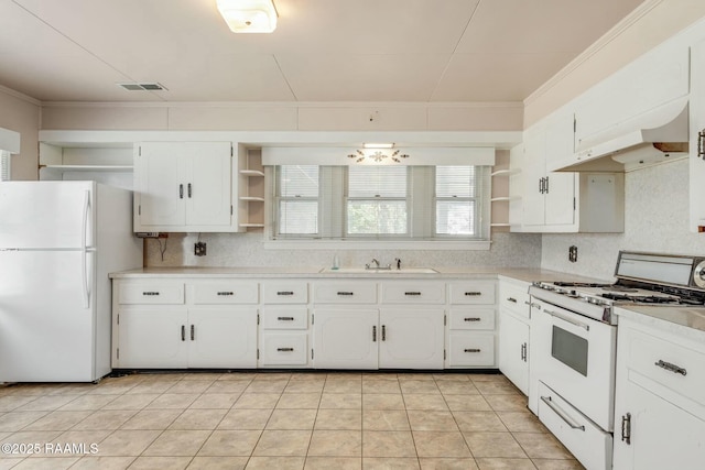 kitchen featuring a sink, open shelves, white appliances, and under cabinet range hood