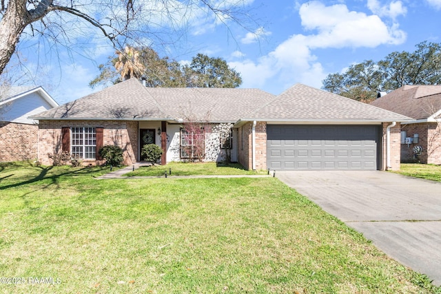 ranch-style home with a front lawn and a garage