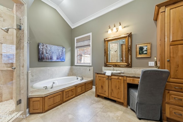 bathroom with ornamental molding, a stall shower, a garden tub, and lofted ceiling