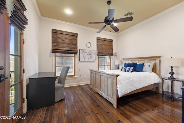 bedroom featuring ceiling fan, visible vents, baseboards, ornamental molding, and dark wood finished floors