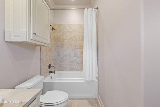 full bathroom featuring toilet, vanity, and shower / bathtub combination with curtain