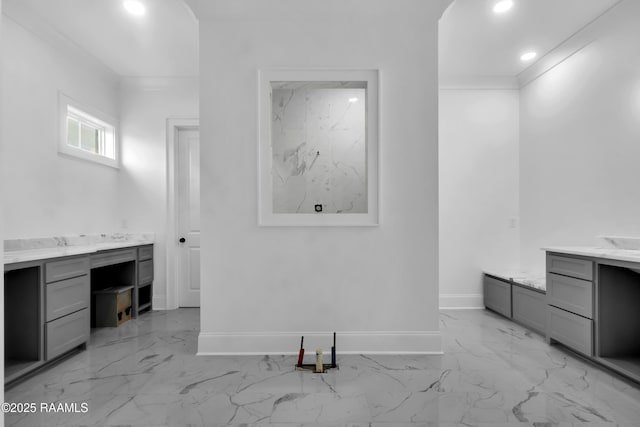 134 Cypress Bend Rd, Scott, LA 70583 - bathroom featuring marble finish floors, recessed lighting, vanity, and ornamental molding