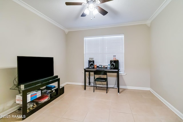 tiled office with a ceiling fan, crown molding, and baseboards