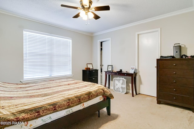 bedroom featuring ceiling fan, light carpet, crown molding, and multiple windows