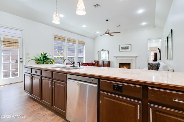 kitchen featuring vaulted ceiling, open floor plan, dark brown cabinetry, and stainless steel dishwasher