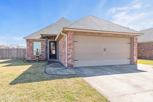 view of front facade with brick siding, fence, concrete driveway, roof with shingles, and a front yard