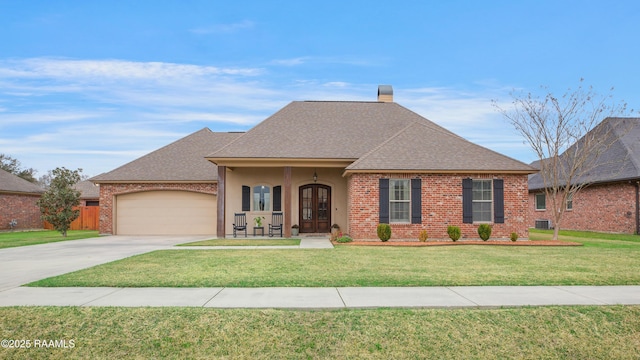 view of front of property with driveway, an attached garage, and a front yard