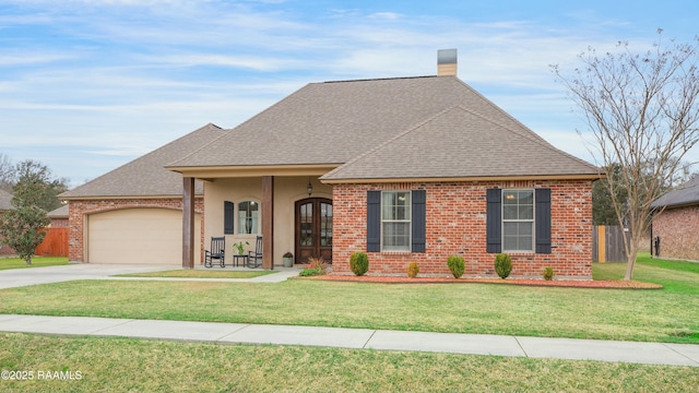 view of front of home with an attached garage, driveway, a front yard, and french doors